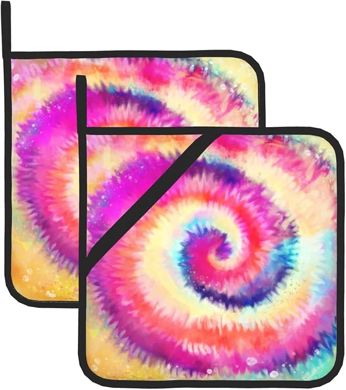 2pcs Rainbow Tie-Dye Pot Holder with Loop, Set of 2 Heat Resistant Oven Pads, Professional Baking Food Hot Pat for Kitchen Cooking Barbecue (Colorful)
