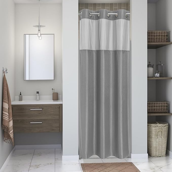eachope Stall No Hook Shower Curtain with Snap-in Fabric Liner Set,Waffle Weave Shower Curtains for Bathroom,Hotel Luxury Decor Bathroom Curtain Set,Waterproof & Washable,Grey,36Wx74H