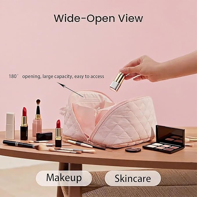 Makeup Bag for Women, Wide Open Lay-Flat Water-Resistant Cosmetic Case, Festivalment Makeup Bag, Spacious 180° Open Cosmetic Organizer for Toiletries & Brushes Large Capacity with Compartments (Khaki)