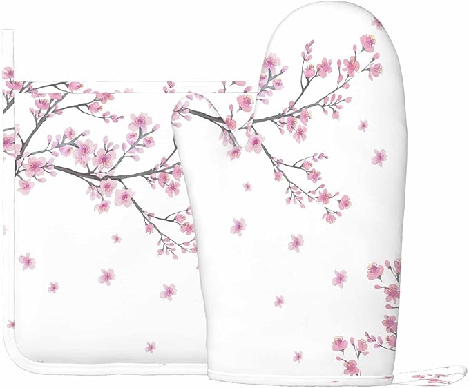 Mxocom Cherry Blossom Heat-Resistant Oven Mitts and Pot Holder Watercolor Branch of Flowers Kitchen Non-Slip Cooking Microwave Gloves for Cooking Baking Grilling