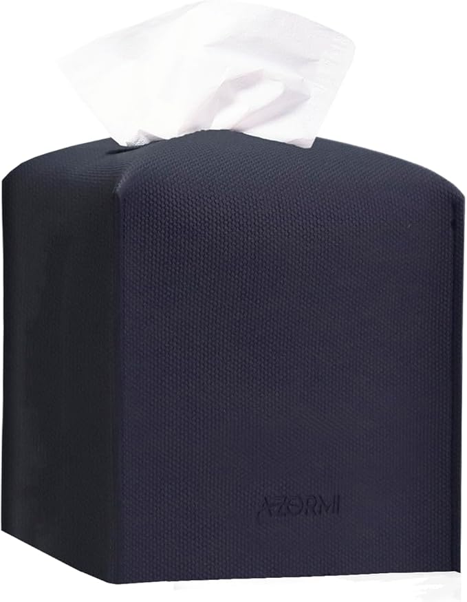 Tissue Box Cover, PU Leather Tissue Box Holder with Bottom Belt, Modern Square Tissue Box Covers with Wide Opening (Blue, Woven Patterns)