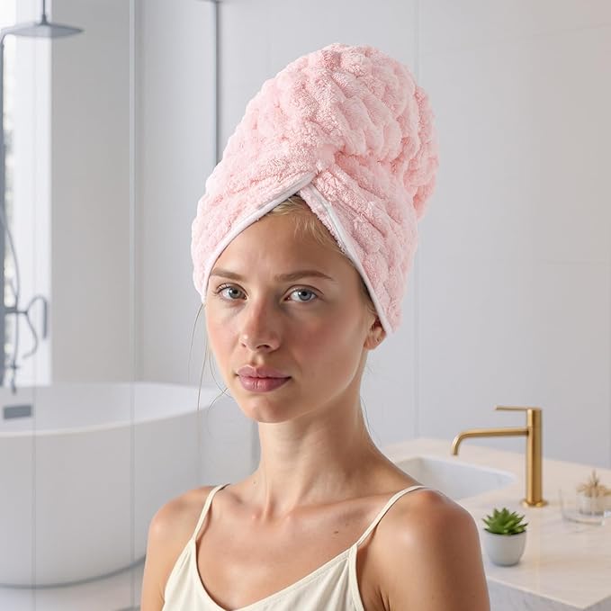 REDKISS Pink Microfiber Hair Towels - Extra Large Hair Towel Wrap for Women, 24x42 inch Hair Towels with Elastic Strap, Super Soft Hair Drying Towels for Long, Thick, Curly Anti Frizz Turbans