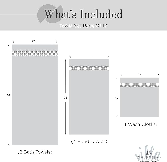 Villa Celestia 100% Cotton Bath Towel Set of 10-2 Bath Towels, 4 Hand Towels, 4 Wash Cloths, Sustainable, Soft, Highly Absorbent, Combed Cotton 10 Piece Set for Hotels, Spa, Bathroom, Dorm, Silver
