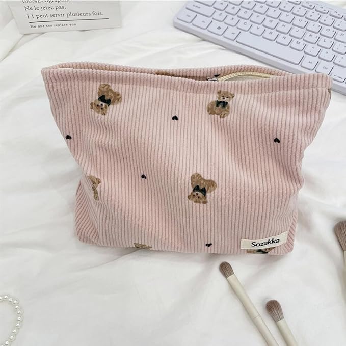 SxoSyo Cosmetic Bags for Women Makeup Bag Large Capacity Purse Travel Toiletry Zipper Storage Pouch Make up Brushes Organizer for Gifts (Corduroy Bear, Pink)