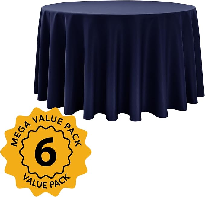 6-Pack Navy Blue Round Tablecloths, 120 Inches, Stain-Resistant Polyester for 5-6 Ft Round Tables - Washable Table Covers for Weddings, Banquets, Birthday Parties, Events