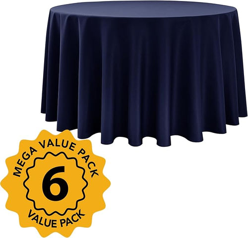 6-Pack Navy Blue Round Tablecloths, 120 Inches, Stain-Resistant Polyester for 5-6 Ft Round Tables - Washable Table Covers for Weddings, Banquets, Birthday Parties, Events