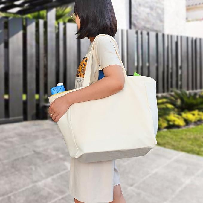 CNaiyunpin Canvas Reusable Grocery Bags Heavy Duty, 8.3 gal Foldable Large Tote Bag with Handles, Holds 60 lbs & Washable Eco-friendly Bags with 5 Pockets, Off white 1 Bags