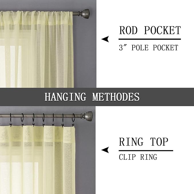Tollpiz Sheer Curtains Linen Textured Bedroom Curtain Sheers Light Filtering Rod Pocket Voile Curtains for Living Room, 54 x 84 inches Long, Transparent Yellow, Set of 2 Panels