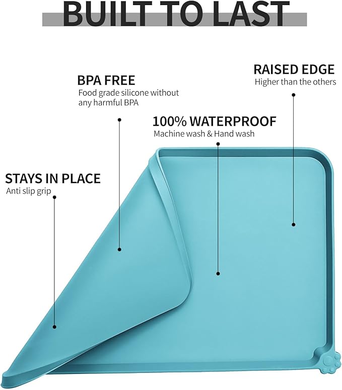 Reopet Waterproof Pet Feeding Mat with High Raised Edges, Heavier and Thicker Placemats for Cat Dog Water Bowl with BPA Free, Dogs Cats Food Mats for Messy Drinkers to Prevent Spill and Protect Floors
