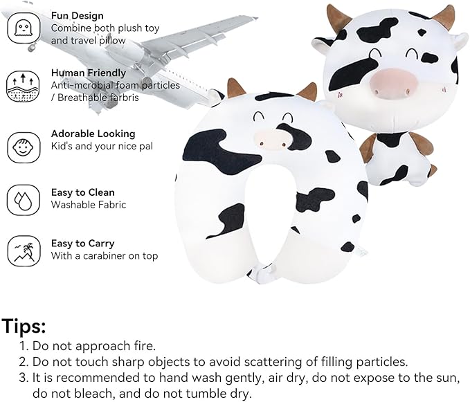 stocaggio Kids Travel Pillow - 2-in-1 Deformable Kids Neck Pillow for Traveling, Soft U-Shaped Pillow with Adorable Animal Design, Comfy Sleep and Play, Ideal for Airplanes and Traveling-Milk Cow