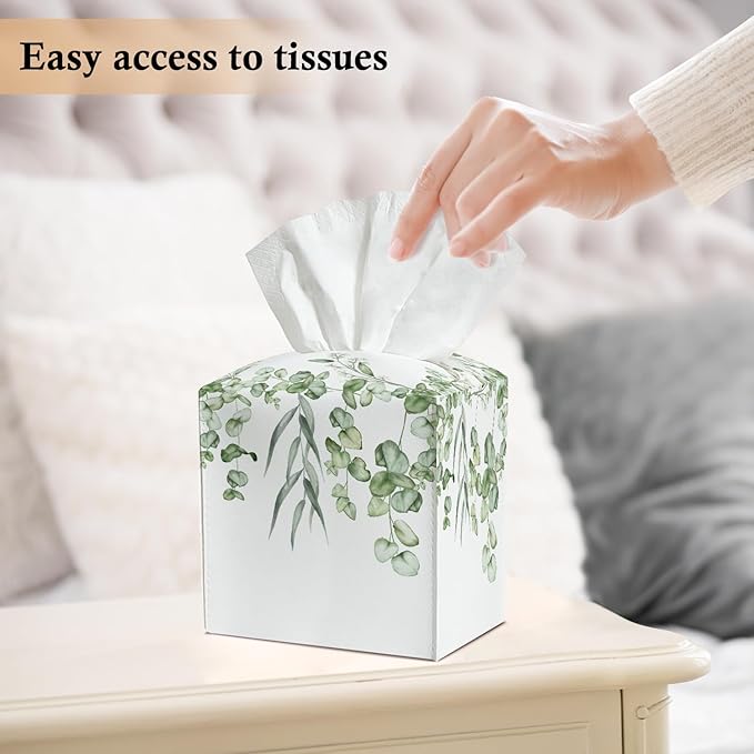 Watercolor Green Leaves Tissue Box Covers Square, Leather Tissue Box Holders Decorative for Car Nightstand Home Office Bathroom Organizer, Square Facial Paper Organizer Home Decor -009