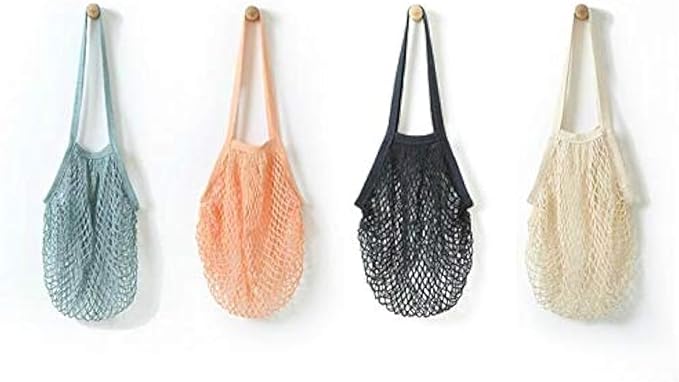 JM-capricorns 4 Pack Portable Reusable Grocery Bags Fruit and Vegetable Bag Washable Cotton Mesh String Organic Organizer Shopping Handbag Long Handle Net Tote (blue,Black,Beige,Orange)