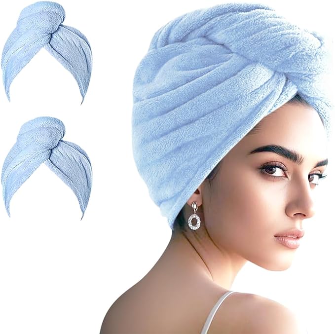 AGKXHDEC 2 Packs Microfiber Towel, Hair Turbans, Drying Hair Wrap for Women (Blue colore-2pcs)