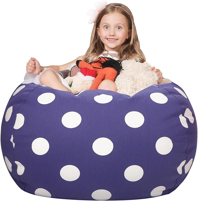 WEKAPO Stuffed Animal Storage Bean Bag Chair Cover for Kids | Stuffable Zipper Beanbag for Organizing Children Plush Toys Large Premium Cotton Canvas (Navy Dot, X-Large)