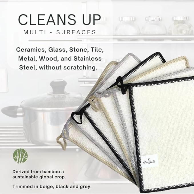 Whiffkitch Dishcloths Dishrags for Kitchen and Household Cleaning 6x7 6-Pack Non-Scratch 2-Ply Weave, Rayon Derived from Bamboo, Absorbent, Washable, Long-Lasting