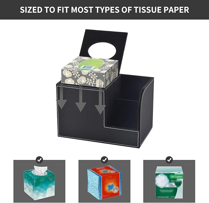 XNONE PU Leather Tissue Box Cover with Storage Square-Multifunctional Tissue Holder,Remote Control Holder,Decorative Tissues Boxes Organizer,Home Office Desktop Storage box,Black