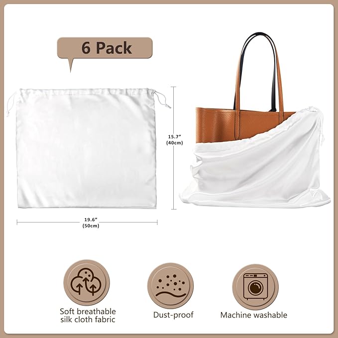 Belinlen 6 Pack 19.6x15.7in Purse Dust Bags for Storage, Dust Bags for Handbags Silk Cloth Bag With Drawstring for Storage Handbag, Purse, Shoes, Boots(White)