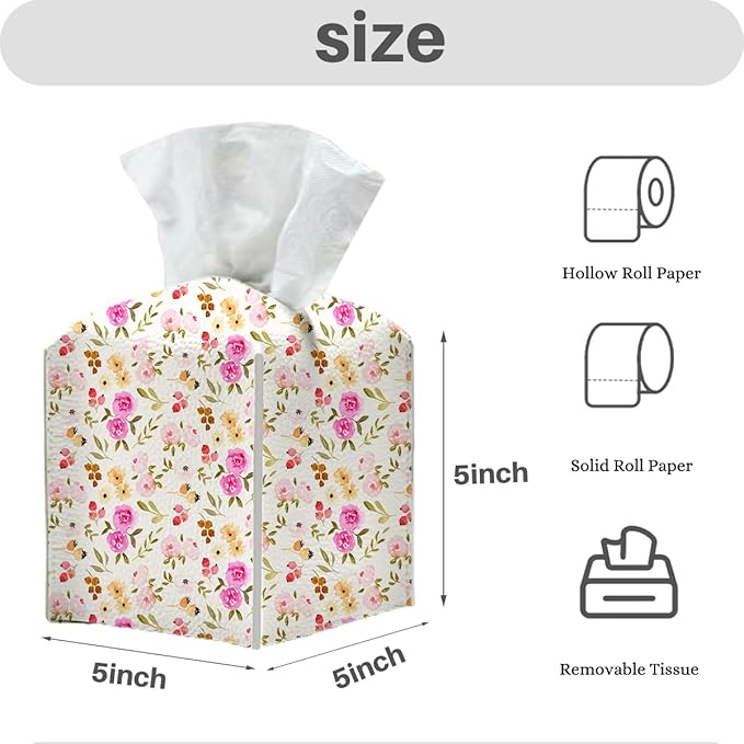 Tissue Box Cover, Tissue Box Holder, Square with Belt Bottom, PU Leather Decorative Organizer for Desk, Table, Countertop Bathroom, Toilet Car, Office, Dresser Bedside, Aesthetic Flowers Fruits Decor