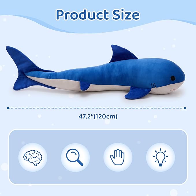 Tezituor 4ft Giant Whale Stuffed Animal, S-Shape Long Stuffed Whale Plush Body Pillow for Boys Girls Sleeping, 47inches Ocean Theme Whale Toy Gift for Christmas Birthday Decoration