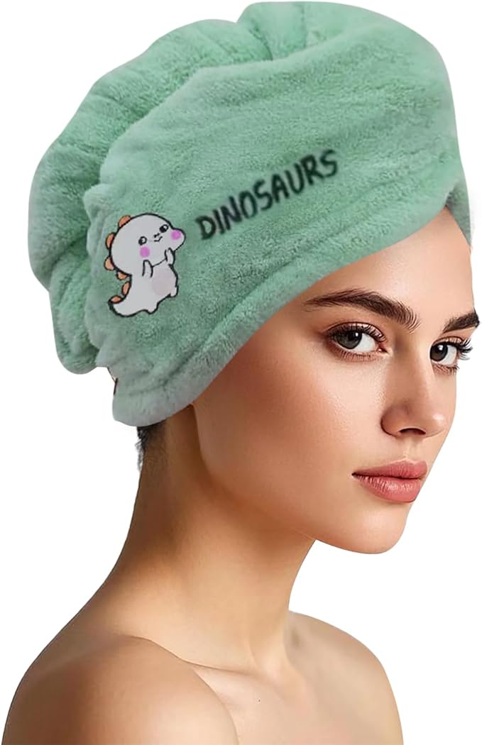 AGKXHDEC 1 Pack Double Layer Microfiber Hair Towel, Hair Turbans for Wet Hair, Light Green with Bear