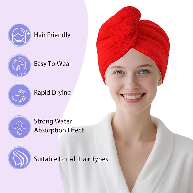 AGKXHDEC1 Pack Double Layer Microfiber Towel, Hair Turbans for Wet Hair, Drying Hair Wrap for Women(Red)