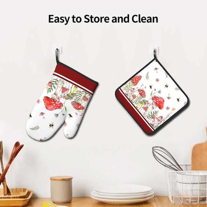 Mushroom Oven Mitts and Pot Holders Set of 2，Wildflower Botanical Heat Resistant Oven Gloves Funny Decorative Kitchen Hot Pads and Mitts for Chef Baking Cooking Grilling