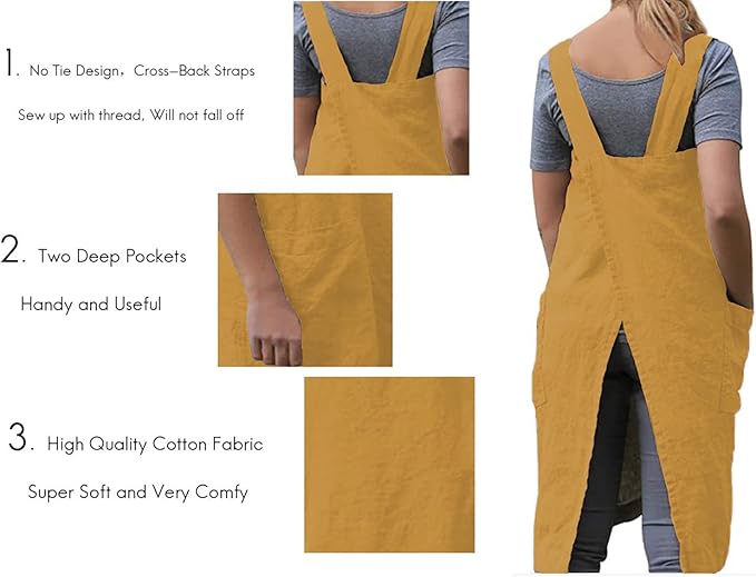 Women's Practical Cross Back Pinafore Apron with Large Pockets Home Kitchen,Restaurant,Coffee house,Cooking Gardening Works