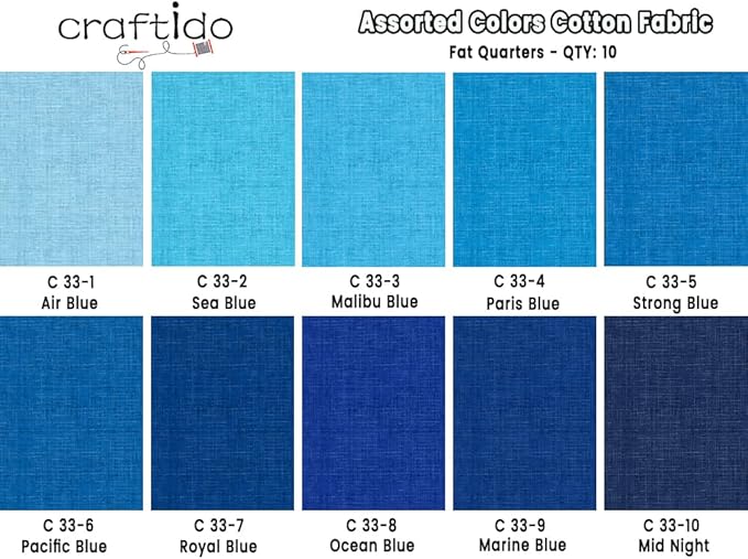 Craftido - 11 Options Solids with Tweed Tonals - Assorted Color Cotton Quilting Fabric Bundles 10pcs Fat Quarters 18"x21" - Medium Weight 5.2oz - for Quilting, Sewing and Crafts – Different Blues