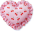 VigorSpring Valentines Pink Heart Shaped Pillow (15.7x15.7 Inches), Cute Cherry Print & Ruffled Edge Decorative Throw Pillow for Couch Bed Bedroom Living Room