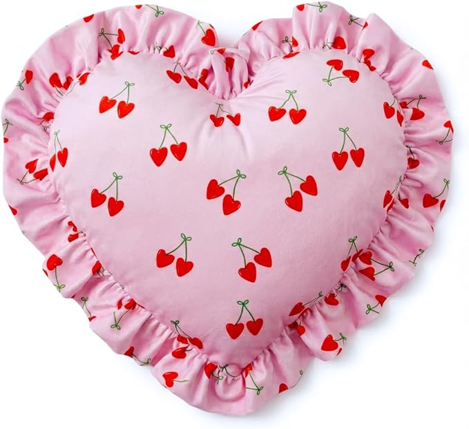 VigorSpring Valentines Pink Heart Shaped Pillow (15.7x15.7 Inches), Cute Cherry Print & Ruffled Edge Decorative Throw Pillow for Couch Bed Bedroom Living Room
