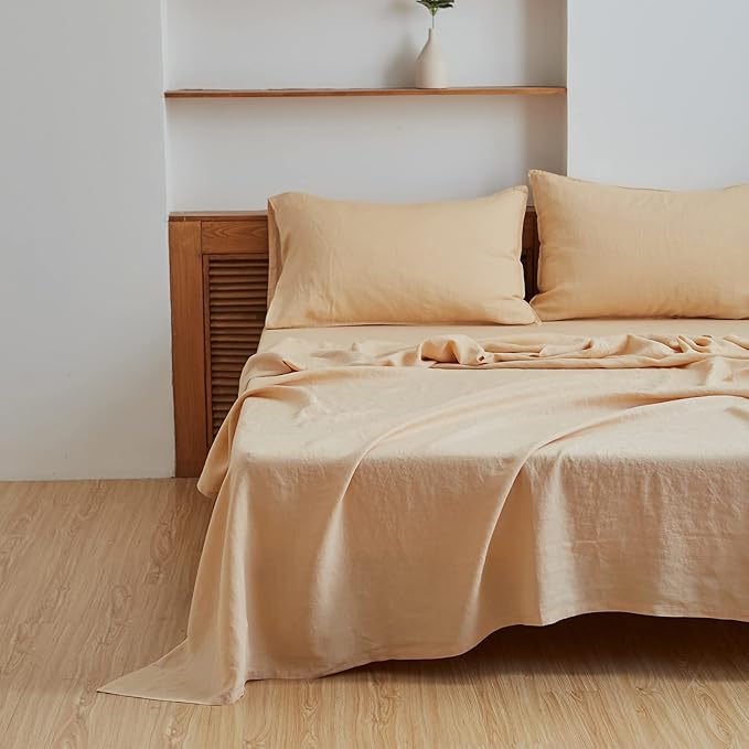 Simple&Opulence Washed Linen Bed Sheet Set Basic Style 4 Pieces (1 Flat Sheet & 1 Fitted Sheet & 2 Pillowcases) 100% Natural French Flax Soft Breathable Farmhouse Bedding (Queen, Sand)