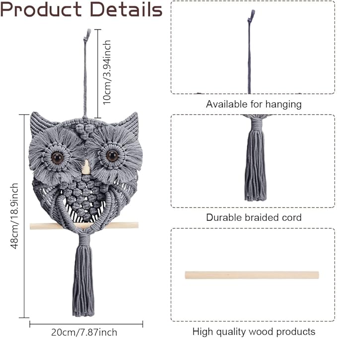 FREEBLOSS DIY Macrame Owl Kit Macrame Tapestry Wall Hanging 90m Cotton Cords Macrame Kit for Beginners with Video Tutorial Macrame Wall Art for Bedroom Decor, Gray