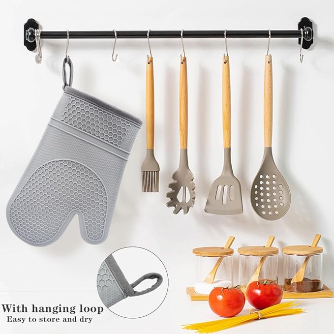 Silicone Oven Mitts Heat Resistant to 500ºF Kitchen Gloves Oven Gloves Silicone Oven Mitt Pair Oven Mitts Set Thickened Waterproof Mittens for Women Men Kitchen Home, 1 Pair (Grey)