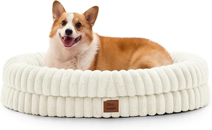 ChiXnuggle Dog Bed Large Sized Dog - Luxury Striped Faux Fur Waterproof Pet Couch with Removable Washable Cover, Orthopedic Pet Bed with Bolster Sides for Sleeping, Cream