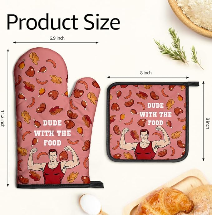 Dude with The Food Oven Mitts and Pot Holders Sets, Funny Oven Mitts for Father Grill Masters Grill Lovers BBQ Lover Foodies, Cooking Gifts Housewarming Gifts for Dad Grandpa