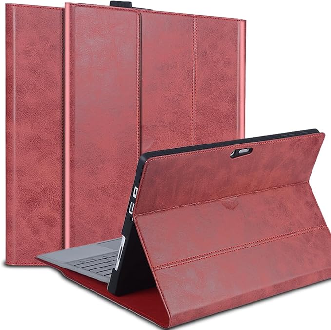 NANRUIL for Microsoft Surface Pro X and Pro X Plus 13 inch Case 2019/2020/2021/2024 Genuine Leather Cover Protective Shell Compatible with Type Cover Keyboard and Pencil Holder.Red