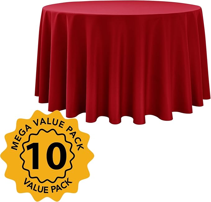 10-Pack Red Round Tablecloths, 108 Inches, Stain-Resistant Polyester for 4-5 Ft Round Tables - Washable Table Covers for Weddings, Banquets, Birthday Parties, Events