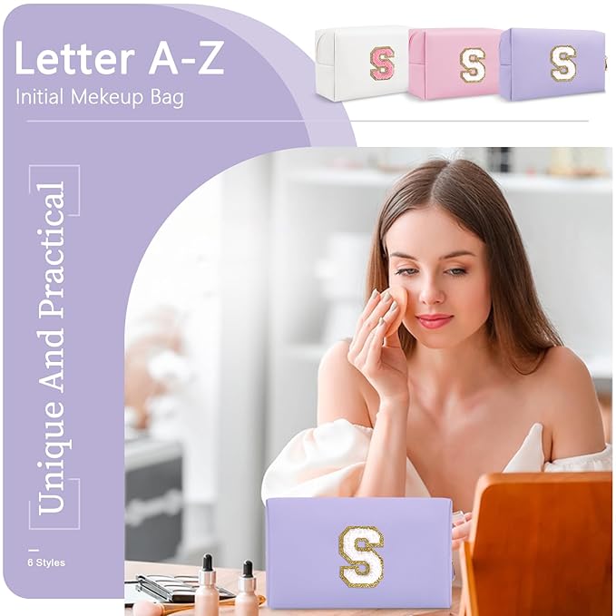 Personalized Makeup Bag Initial A-Z Preppy Patch Bag,Small PU Leather Travel Cosmetic Bag Pouch with Zipper,Purple Cute Toiletry Bag,Gift Ideal for Teen Girls Women Birthday Friend Mom,Latter S
