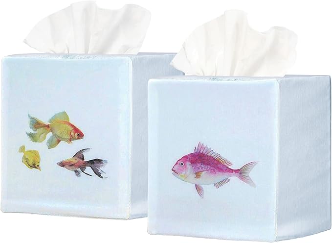 EmbroideryLinen.VN Tissue Box Cover Set of 2, Square Cotton Tissue Holder, Printed Animal Pattern, 4.5x4.5x5.5 Inches, Decorative Holder for Bathroom, Living Room, Office (Fish)