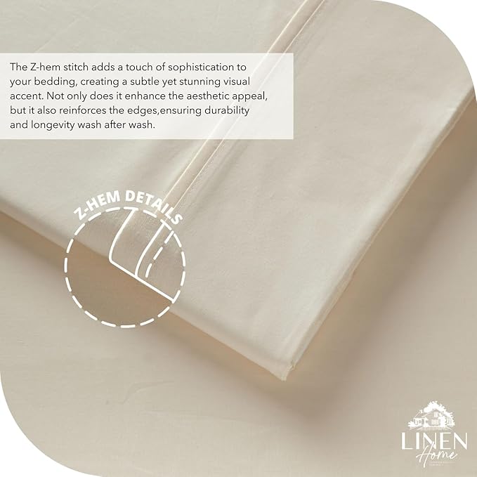Linen Home 100% Cotton Percale Sheet Set, Queen Size, Ivory, Deep Pocket, 6 Pieces Set - 1 Flat, 1 Deep Pocket Fitted Sheet and 4 Pillowcases, Crisp Cool and Strong Bed Linen