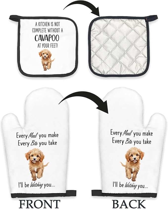 Cavapoo Gifts Dog Oven Mitts and Pot Holders Sets, Cavapoo Dog Gifts Dog Kitchen Accessories Sets, Complete Without a Cavapoo Dog Heat Resistant Oven Glove Potholders for Kitchen Baking
