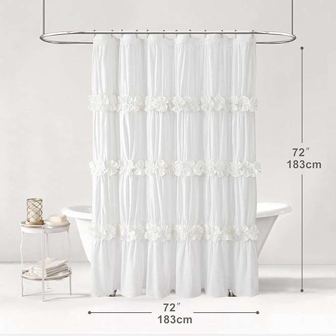 XOGUIBO Ruffle Shower Curtain with Handmade Bow Tie,Vintage Farmhouse Shower Curtain for Bathroom, Cotton White,72" W x 72" H