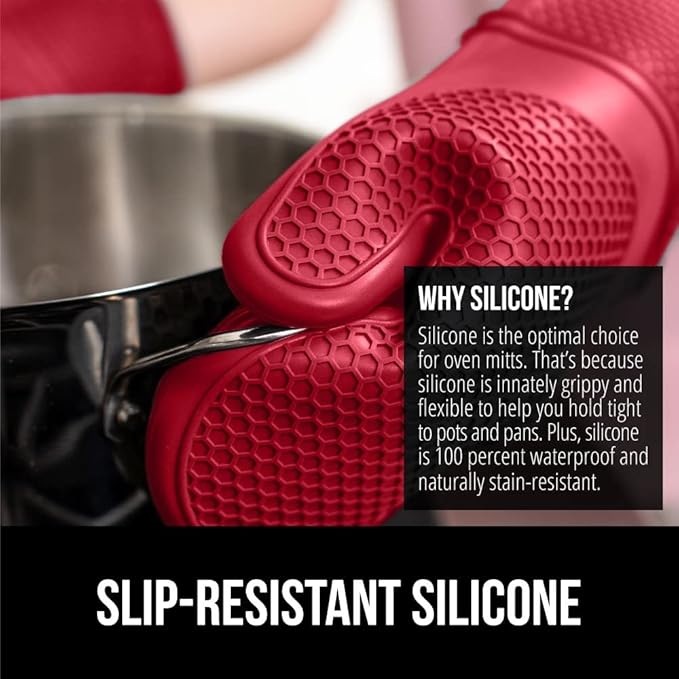 GORILLA GRIP BPA-Free Soft Silicone Oven Mitts, Heat Resistant and Waterproof Cooking Gloves, Thick Cotton Lining, Flexible Gripping Kitchen Potholders Set of 2, Christmas Kitchen Decor, 12.5x8.3, Red