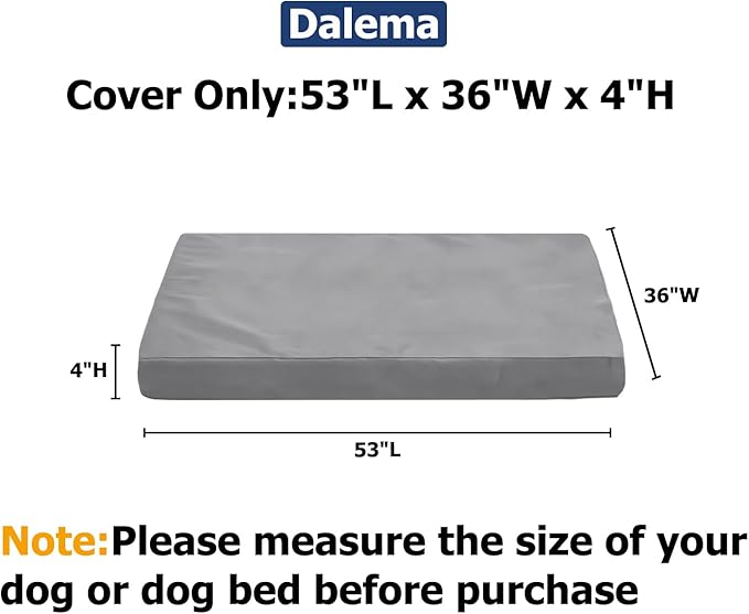 Dalema Dog Bed Cover,Waterproof Tough Plastic DIY Pet Bed Cover,Non Stick Hair Easy to Clean Rectangular Fillable Dog Bed Covers with Zipper(Light Grey,53" L x 36" W x 4" Th,Cover Only)