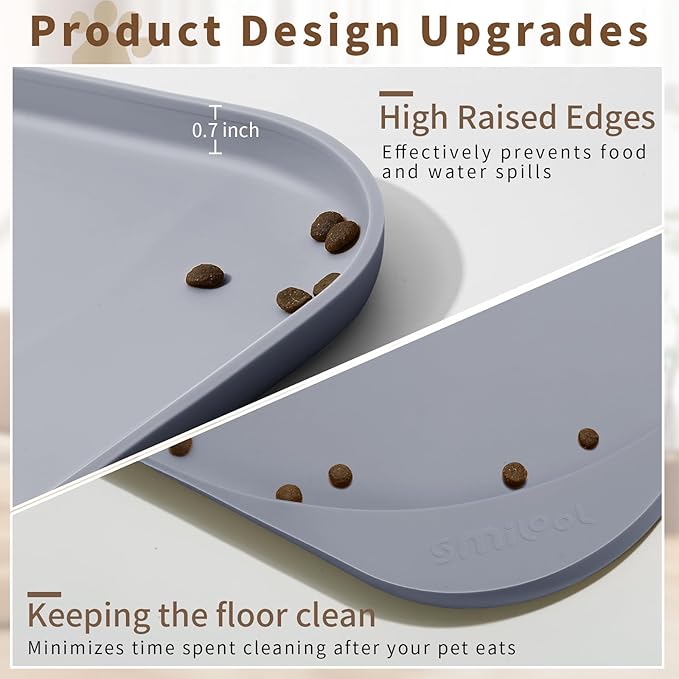 Smilool Silicone Pet Food Mat with Raised Edge for Food and Water Bowl, Dog Feeding Mats, Cat Food Trays for Floor Waterproof, Rubber Tray for Dogs and Cats, 17 x 12 x 0.7 Light Gray