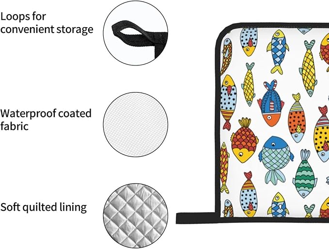 Colorful Fish Oven Mitts and Pot Holders Set of 4, Oven Mittens and Potholders Heat Resistant Gloves for Kitchen Cooking Baking Grilling BBQ