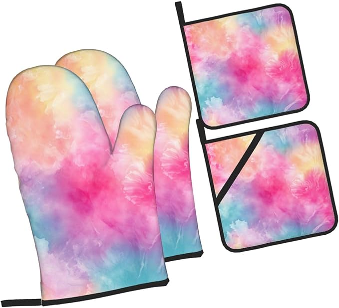 Oven Mitts and Pot Holders Sets of 4 Tie Dye Colorful Galaxy Kitchen Potholder Gloves Heat Resistant Non-Slip for Chef Baking Cooking Grilling BBQ Mittens