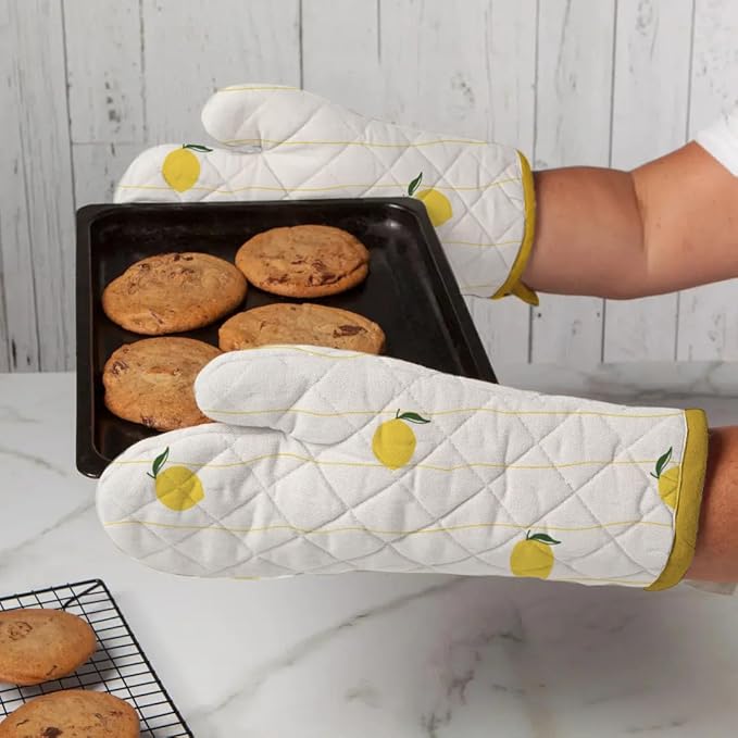 Oven Mitts (Set of 2) | Heat Resistant Oven Gloves Kitchen,Safe for Baking, BBQ, Grilling | Cooking Gloves | Soft & Durable | Machine Washable (Lemon Zest Print)