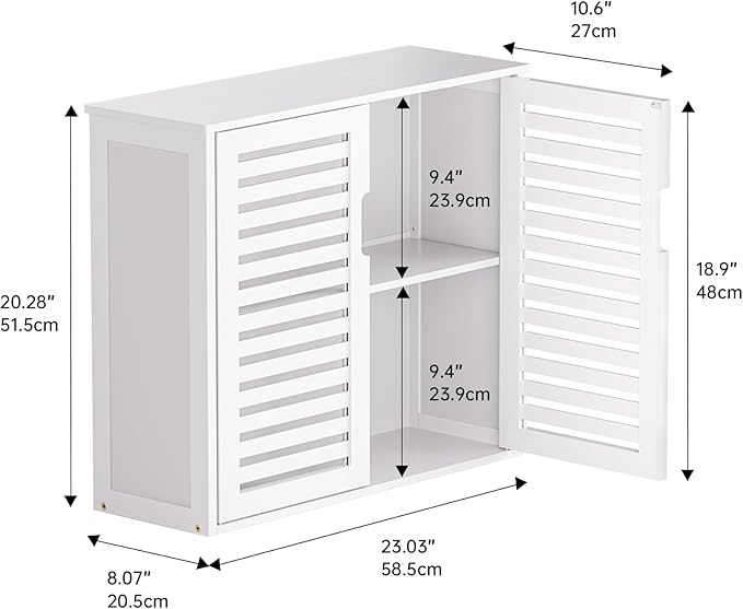 HITNET White Bathroom Cabinet Over Toilet, Bamboo Hanging Medicine Cabinet, Wall-Mounted Storage Organizer, Kitchen Cupboard with Double Doors and Adjustable Shelf