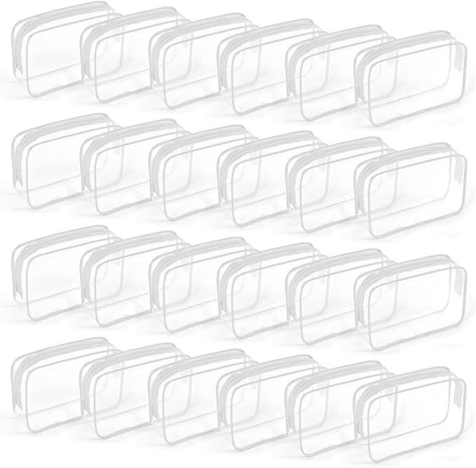 TISRATOK 24 PCS Clear Toiletry Bag for Women Men, Transparent Cosmetic Bag for Travel Makeup Organizer TSA Approved Pouch - White,Medium